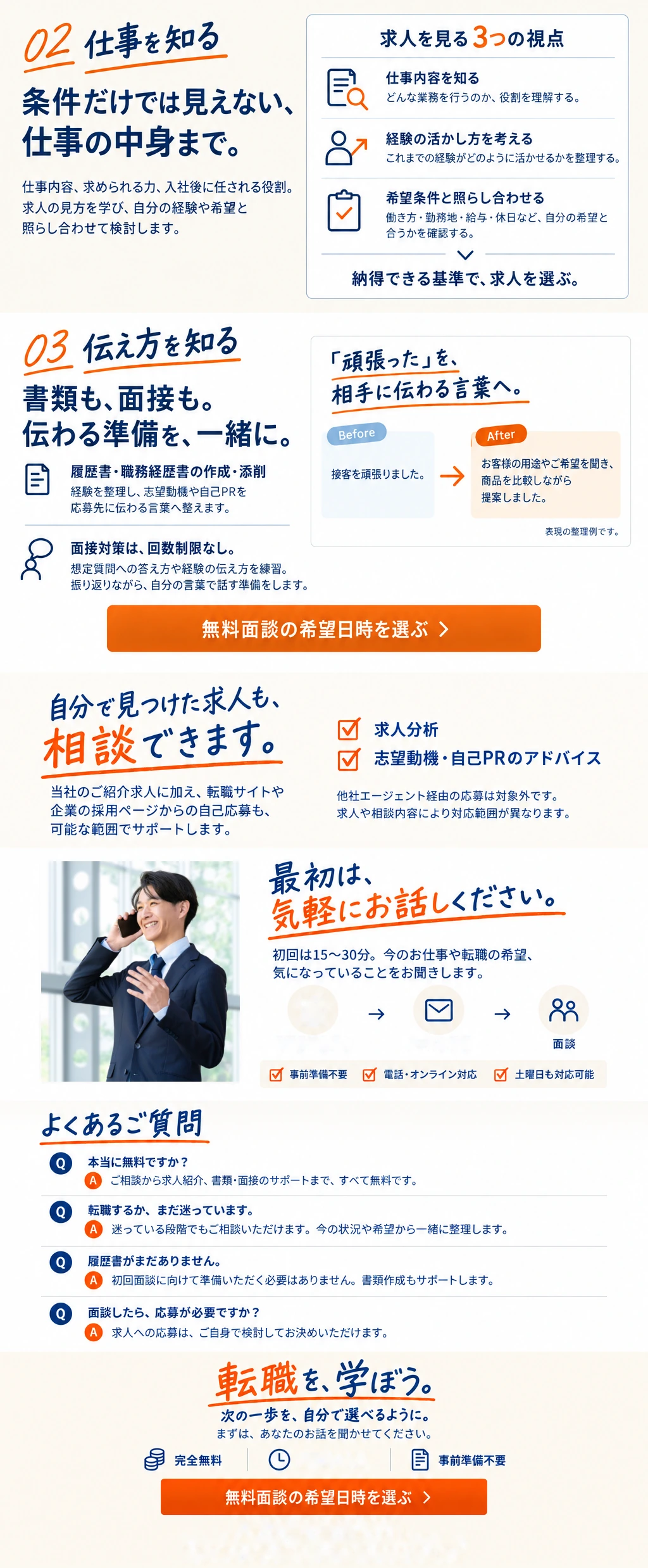 02 仕事を知る：条件だけでは見えない、仕事の中身まで。03 伝え方を知る：書類も、面接も。伝わる準備を、一緒に。自分で見つけた求人も、相談できます。最初は、気軽にお話しください。よくあるご質問。転職を、学ぼう。次の一歩を、自分で選べるように。