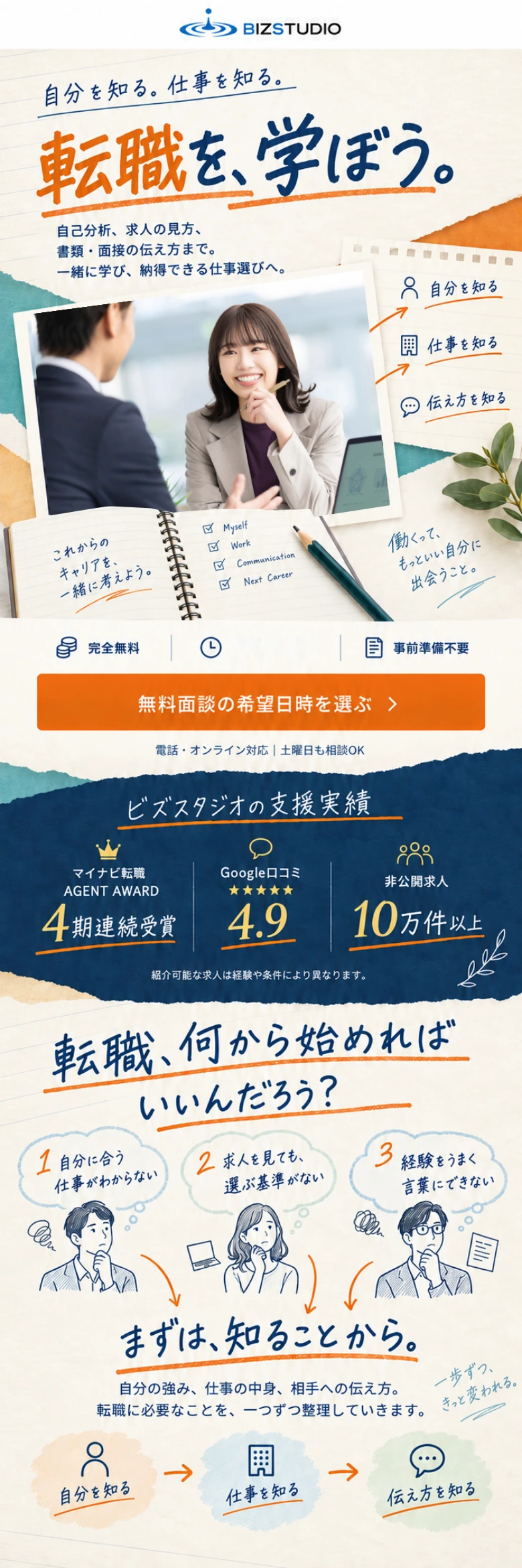 自分を知る。仕事を知る。転職を、学ぼう。自己分析、求人の見方、書類・面接の伝え方まで。一緒に学び、納得できる仕事選びへ。完全無料／事前準備不要／電話・オンライン対応、土曜日も相談OK。ビズスタジオの支援実績：マイナビ転職 AGENT AWARD 4期連続受賞、Googleクチコミ4.9、非公開求人10万件以上（紹介可能な求人は経験や条件により異なります）。転職、何から始めればいいんだろう？ まずは、知ることから。自分を知る、仕事を知る、伝え方を知る。